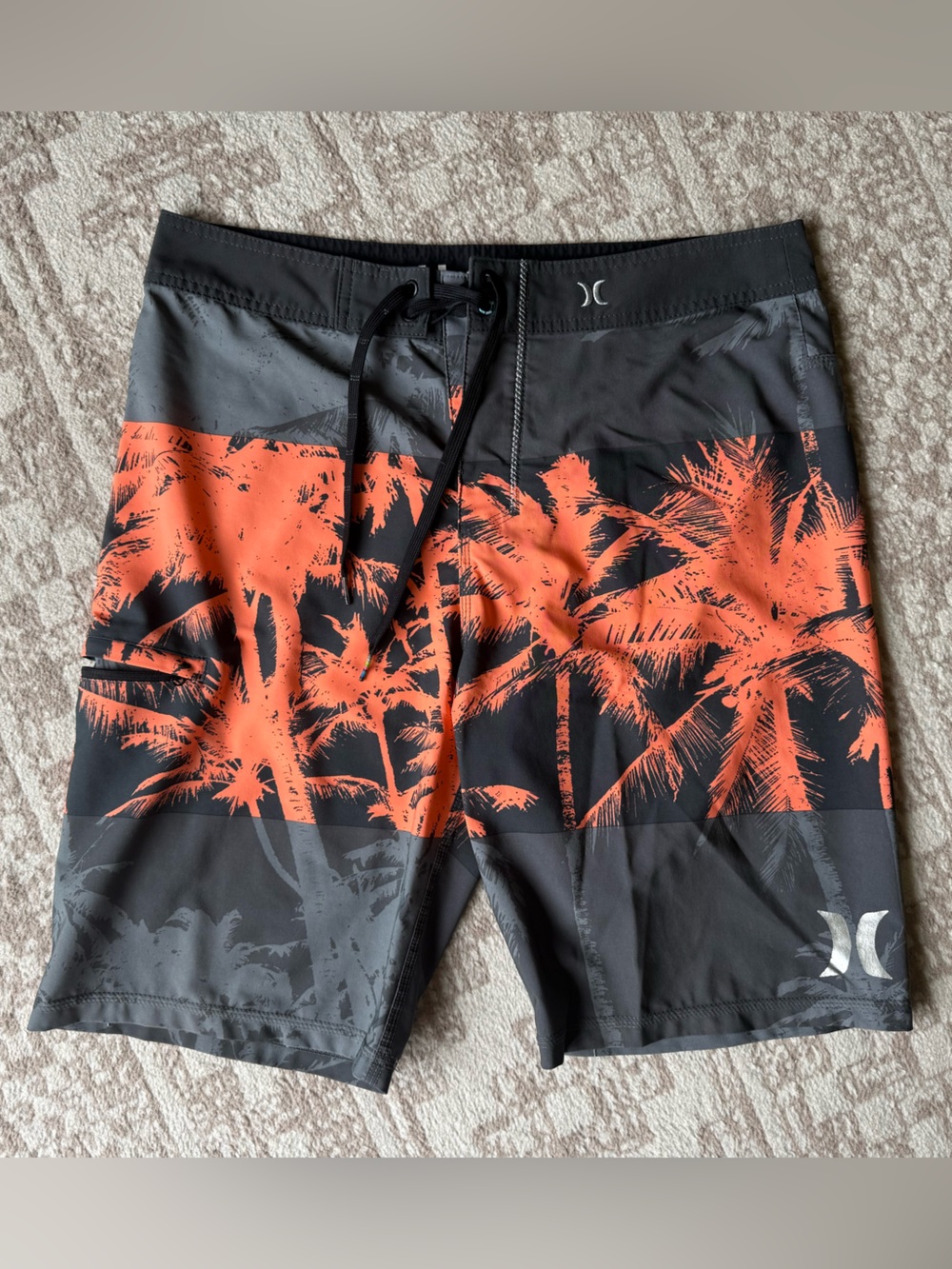 Hurley Men’s Black & Orange Palm-Print Swim Trunks